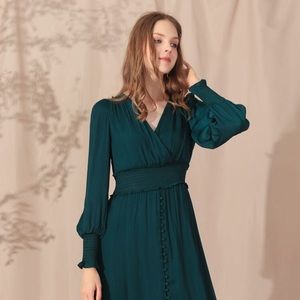 SATIN BUTTON DOWN WRAP MIDI DRESS IN DARK GREEN